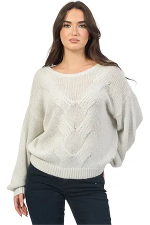 HUGO BOSS Swetry, Kobieta, Biały, S, Wełna, Biały sweter z haftem na dekolcie z przodu i z tyłu