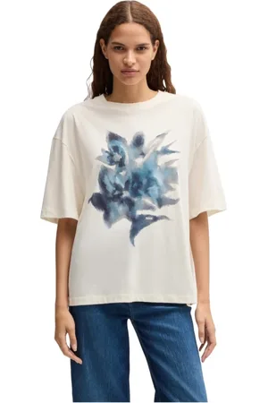 HUGO BOSS Koszulki, Kobieta, Biały, XS, Bawełna, Bawełniany T-shirt Oversize z Nadrukiem
