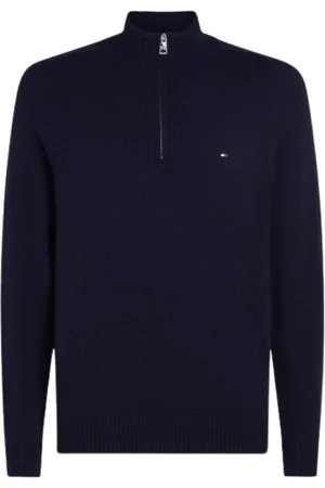 Tommy Hilfiger Swetry, Mężczyzna, Niebieski, 2XL, Wełna, Wełniany sweter z krótkim zamkiem