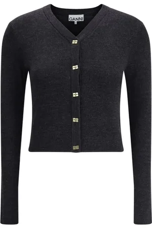 Ganni Swetry, Kobieta, Szary, L, Logo Button Merino V-Neck Cardigan
