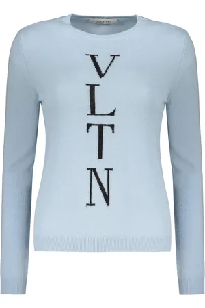 VALENTINO GARAVANI Swetry, Kobieta, Niebieski, S, Wełna, Prążkowany sweter wełniany z logo z przodu
