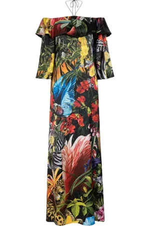Roberto Cavalli Sukienki, Kobieta, Wielobarwność, M, Tropikalna Rozkloszowana Sukienka Maxi