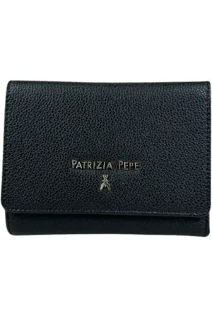 Patrizia Pepe Akcesoria, Kobieta, Czarny, ONE SIZE, Skóra, Czarny skórzany portfel z młotkowaną fakturą, średni