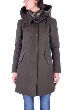 Woolrich Płaszcze, Kobieta, Zielony, M, Płaszcz z kapturem i logo - Zapinany na guziki