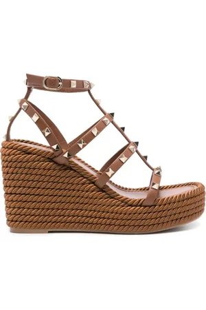 VALENTINO GARAVANI Buty, Kobieta, brązowy, 39 EU, Bawełna, Sandały na Koturnie z Paskiem Rockstud na Kostce