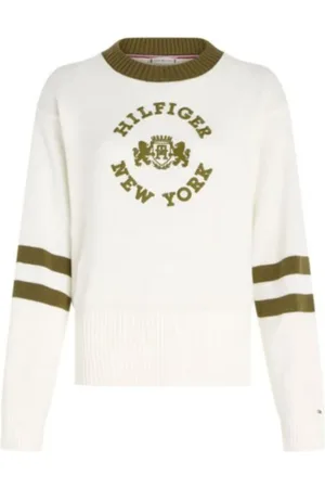 Tommy Hilfiger Swetry, Kobieta, Biały, M, Bawełna, Sweter z dekoltem w serek Varsity Roundall