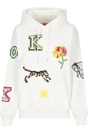 Kenzo Bluzy, Kobieta, Beżowy, XS, Bawełna, Bawełniana bluza z kapturem i pikselowymi haftami