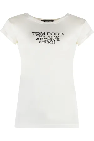 Tom Ford Koszulki, Kobieta, Beżowy, S, Jedwabny T-shirt z Kontrastowym Nadrukiem