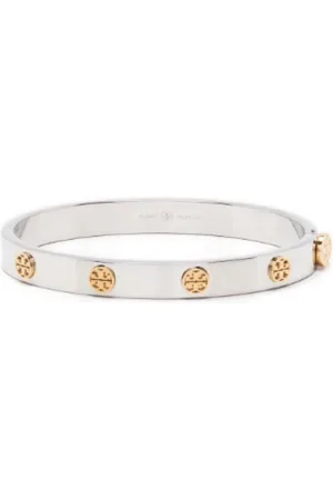 Tory Burch Akcesoria, Kobieta, Szary, M, Bransoletka z logo Double T Motif Studs
