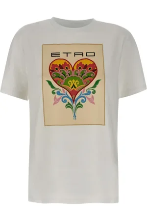 Etro Koszulki, Kobieta, Biały, S, T-shirt z nadrukiem serca i haftami kwiatowymi