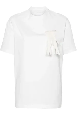 Jil Sander Koszulki, Kobieta, Biały, S, Bawełna, Bawełniana koszulka z dżerseju z broszką z frędzlami