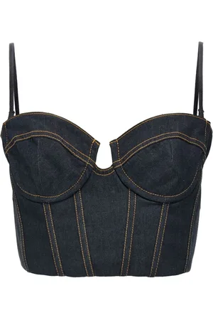 ZIMMERMANN Koszulki, Kobieta, Niebieski, S, Denim, Denimowa koszulka gorsetowa z falbankami