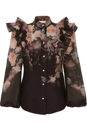 ZIMMERMANN Bluzki, Kobieta, Czarny, M, Organza, Czarna Jedwabno-lniana Organza Koszula z Falbankami