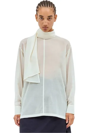 Issey Miyake Bluzki, Kobieta, Biały, L, Wełna, Wełniana Sheer Koszula z Szalem