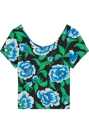Kenzo Koszulki, Kobieta, Wielobarwność, M, Bluzka z Dekoltem w Łódkę i Krótkim Rękawem Peonies