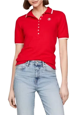Tommy Hilfiger Koszulki, Kobieta, Czerwony, M, Bawełna, Polo z lyocellu Slim Tipping