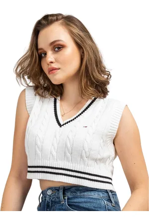 Tommy Hilfiger Swetry, Kobieta, Beżowy, S, Bawełna, Krótka Kamizelka z Warkoczowym Splotem