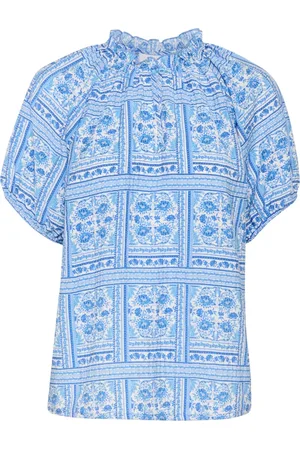 Saint Tropez Bluzki, Kobieta, Niebieski, S, Bluzka z Paisley Squares i bufiastymi rękawami
