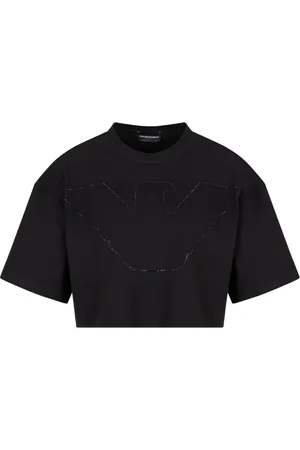 Emporio Armani Koszulki, Kobieta, Czarny, S, Czarna koszulka z dżerseju z orłem z kryształkami