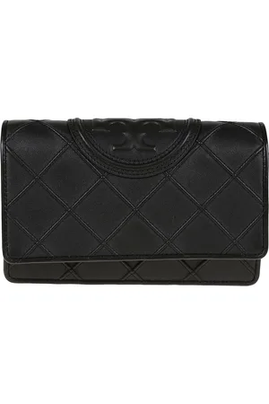 Tory Burch Akcesoria, Kobieta, Czarny, ONE SIZE, Skóra, Skórzany portfel z odpinanym paskiem