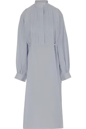 Jil Sander Sukienki, Kobieta, Niebieski, M, Bawełna, Sukienka midi z bawełny z kołnierzykiem typu stójka i kieszeniami