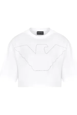 Emporio Armani Koszulki, Kobieta, Biały, M, Bawełna, Biała Cropped Koszulka z Orłem Strass