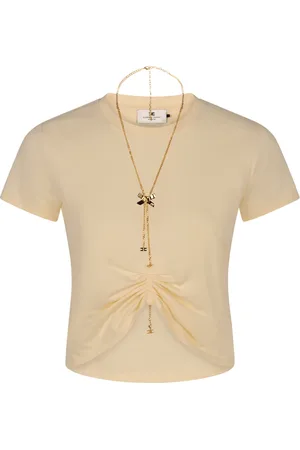 Elisabetta Franchi Koszulki, Kobieta, Żółty, L, Metallic Chain Logo Detail Cropped T-Shirt