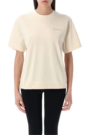 Moncler Koszulki, Kobieta, Beżowy, L, Biała Koszulka z Wytłoczonym Logo Ss 25