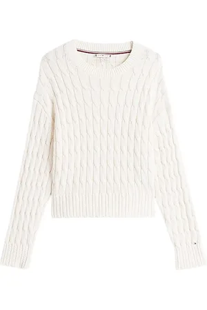 Tommy Hilfiger Swetry, Kobieta, Beżowy, M, Bawełna, Dzianinowy sweter crewneck z obniżoną linią ramion