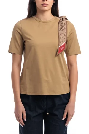 HERNO Koszulki, Kobieta, brązowy, S, T-shirt z super cienkiej bawełny stretch z foulardem