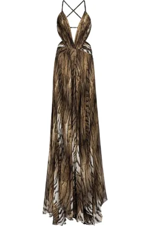Roberto Cavalli Sukienki, Kobieta, brązowy, M, Długa Sukienka z Jedwabiu z Wzorem Tygrysa