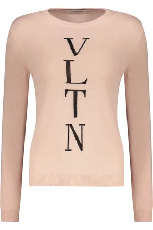 VALENTINO GARAVANI Swetry, Kobieta, Różowy, M, Wełna, Sweter z Prążkowanym Dekoltem i Detalem z Logo