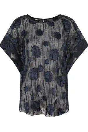 Emporio Armani Bluzki, Kobieta, Niebieski, 2XS, Kwiatowy Haftowany Top Głęboki Niebieski Krótki Rękaw