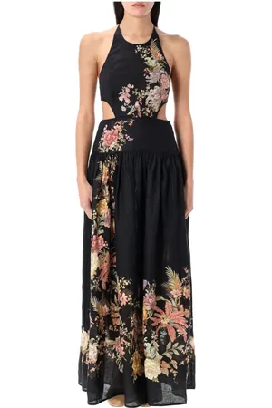 ZIMMERMANN Sukienki, Kobieta, Czarny, S, Len, Elegancka Sukienka Maxi z Kwiatowym Wzorem i Dekoltem typu Halter