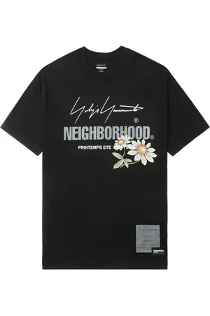 YOHJI YAMAMOTO Koszulki, Mężczyzna, Czarny, XL, Czarny Kwiatowy Nadruk Logo O-neck