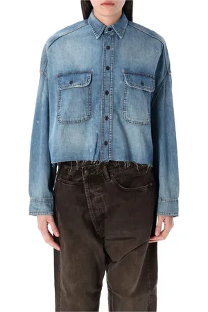 R13 Bluzki, Kobieta, Niebieski, S, Denim, Niebieska Koszula Z Denimu Z Przetarciami