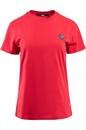 Karl Lagerfeld Koszulki, Kobieta, Czerwony, M, Bawełna, Ikon Glitter Karl T-shirt