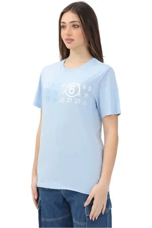 Maison Margiela Koszulki, Kobieta, Niebieski, XS, Niebieski T-shirt z grafiką Stamp Numbers