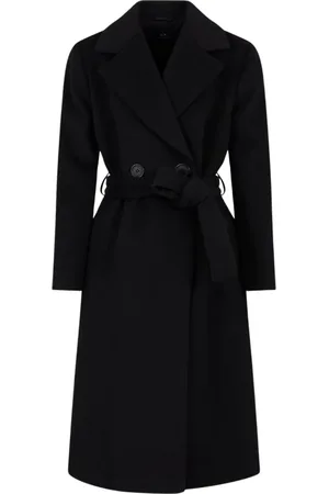 Armani Exchange Płaszcze, Kobieta, Czarny, L, Czarny wełniany płaszcz z paskiem w talii