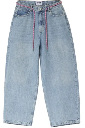 Moschino Jeansy, Kobieta, Niebieski, W28, Denim, Oversize Jeansyy z Denimu z Zdejmowanym Różowym Sznurkiem