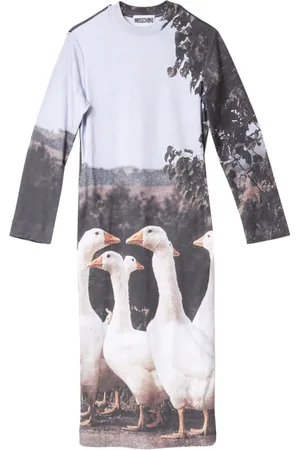 Moschino Sukienki, Kobieta, Wielobarwność, S, Długa Sukienka z Bawełny z Nadrukiem Gęsi
