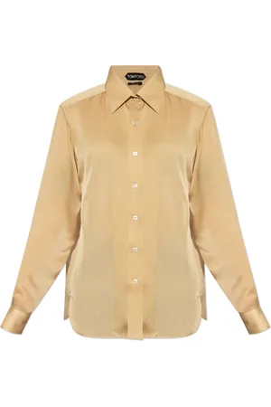 Tom Ford Bluzki, Kobieta, Beżowy, M, Jedwabna Koszula Fluid Charmeuse Z Plisowanym Plastrok