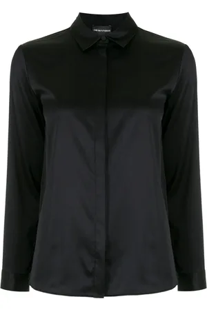 Emporio Armani Bluzki, Kobieta, Czarny, XS, Niebieska Jedwabna Koszula z Długim Rękawem