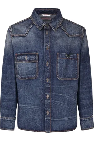 VALENTINO GARAVANI Koszule, Mężczyzna, Niebieski, L, Denim, Denimowa koszula z długim rękawem i logowanymi guzikami