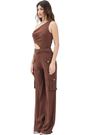 VERSACE Kombinezony, Kobieta, brązowy, M, Elegancki kombinezon w kolorze brązowym z ozdobną klamrą