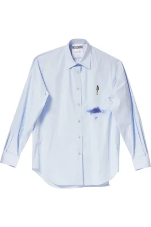 Moschino Bluzki, Kobieta, Niebieski, 2XS, Niebieska Oversizeowa Bawełniana Koszula z Graficznym Nadrukiem