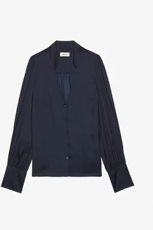 Zadig & Voltaire Bluzki, Kobieta, Niebieski, S, Poliester, Granatowa satynowa koszula z dżetami