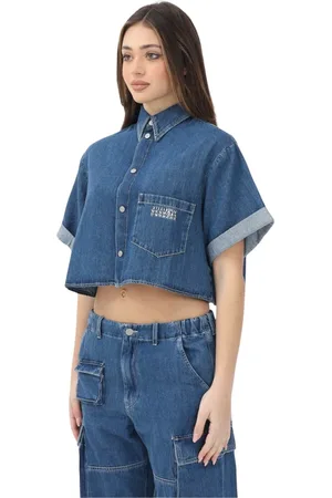 Maison Margiela Bluzki, Kobieta, Niebieski, L, Denim, Niebieska Koszula z Krótkim Rękawem z Denimu