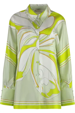 Tory Burch Bluzki, Kobieta, Zielony, L, Jedwabna koszula z wielokolorowym nadrukiem