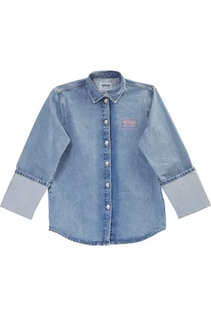 Moschino Bluzki, Kobieta, Niebieski, S, Denim, Oversized Denim Shirt z Logo Print